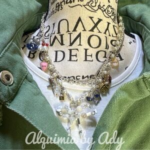 Opals pearls lapis and coral multi charms layered chunky necklace